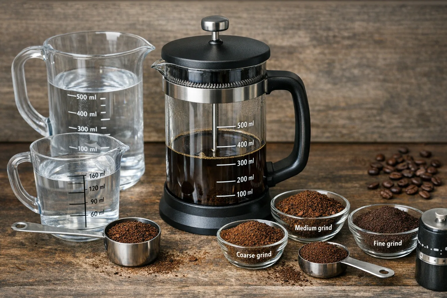 Die optimale Wassermenge und Kaffeepulver-Mahlgrad fuer die Kaffeepresse