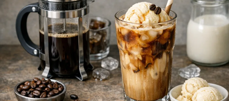 Eiskaffee mit Kaffeepresse und Vanilleeis