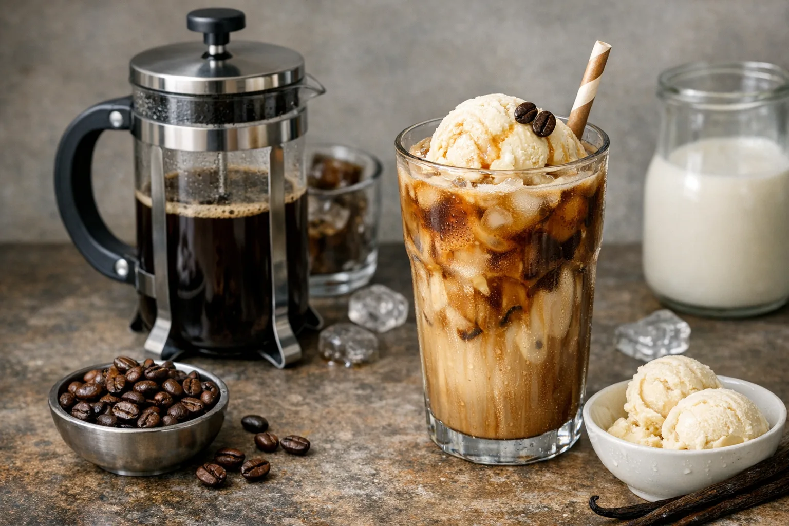 Eiskaffee mit Kaffeepresse und Vanilleeis