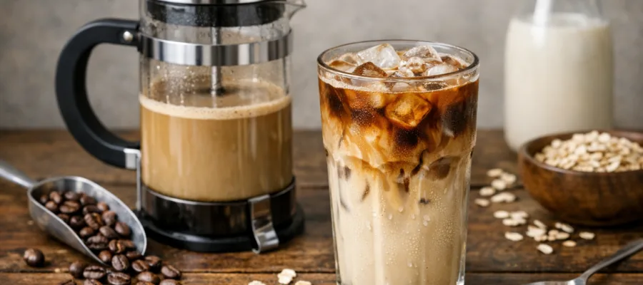 Iced Latte aus der Kaffeepresse mit Hafermilch