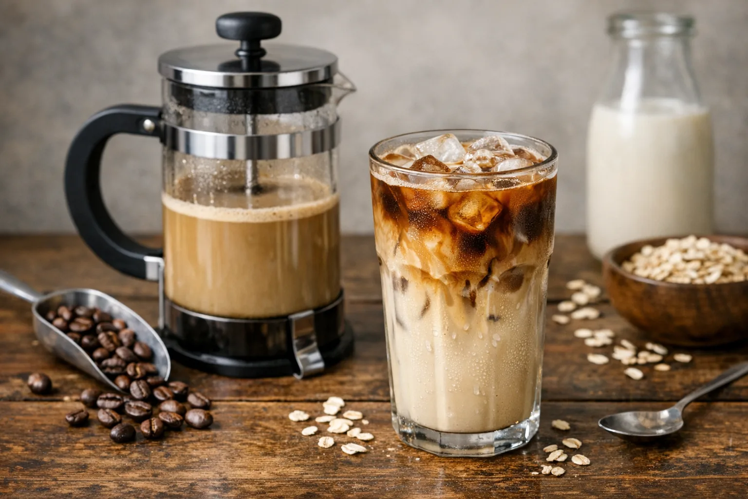 Iced Latte aus der Kaffeepresse mit Hafermilch