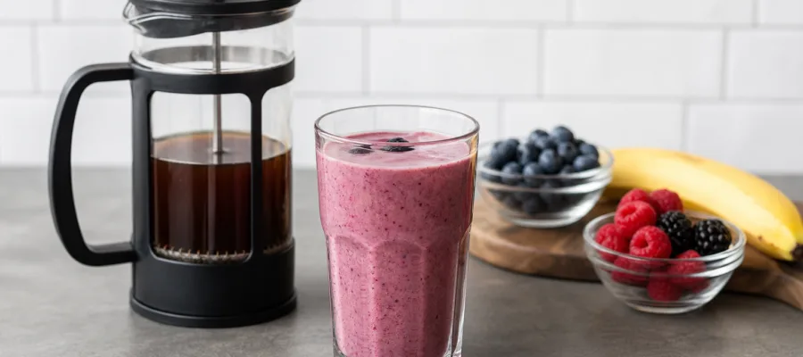 Cold Brew fuer Beeren-Bananen-Smoothie aus der Kaffeepresse