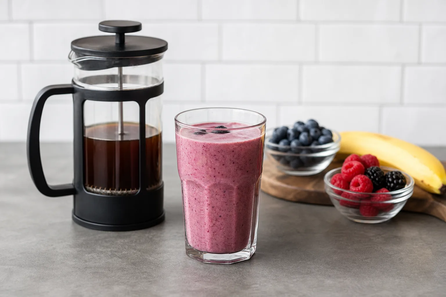 Cold Brew fuer Beeren-Bananen-Smoothie aus der Kaffeepresse
