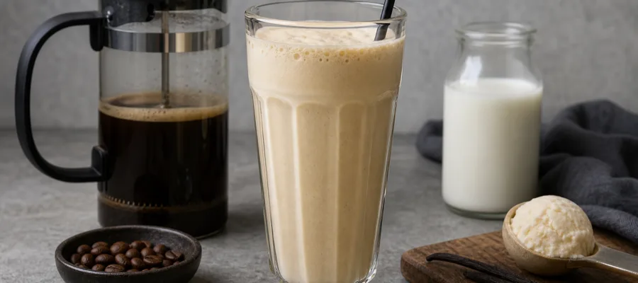 Vanille-Milchshake mit starkem Aufguss aus der Kaffeepresse