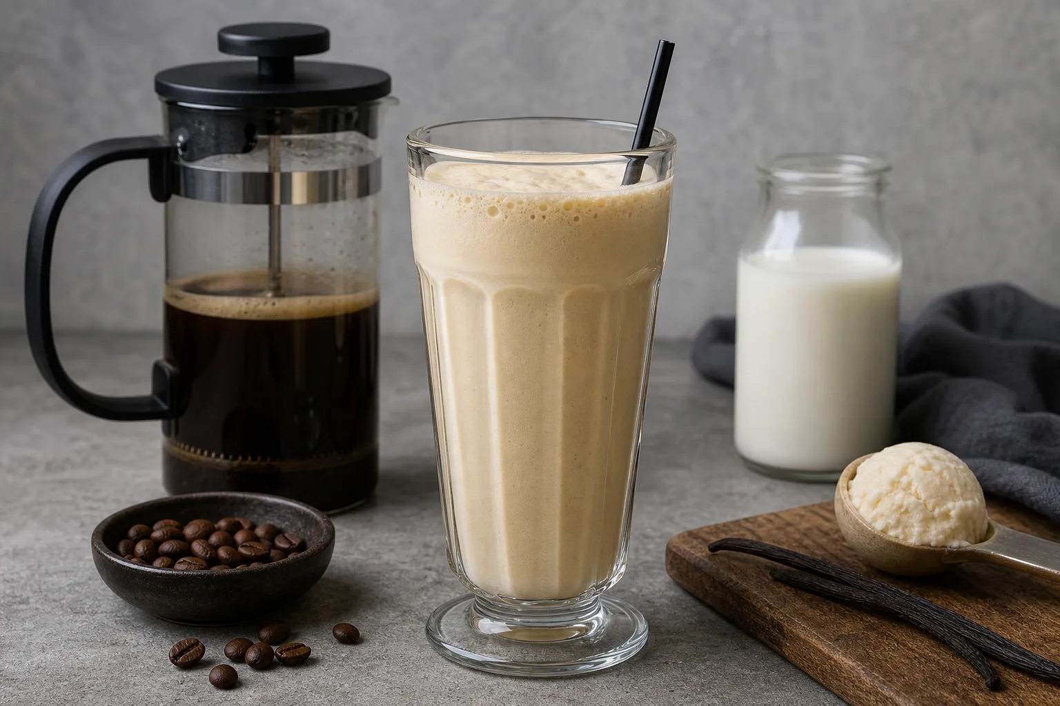 Vanille-Milchshake mit starkem Aufguss aus der Kaffeepresse